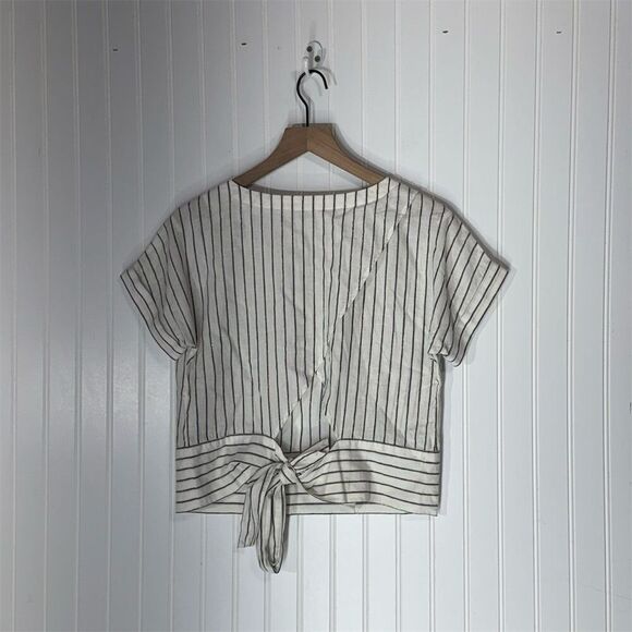 Brooks Brothers Red Fleece Women’s Size 2 Linen Blend Tie-Back Top Striped White - Picture 2 of 7